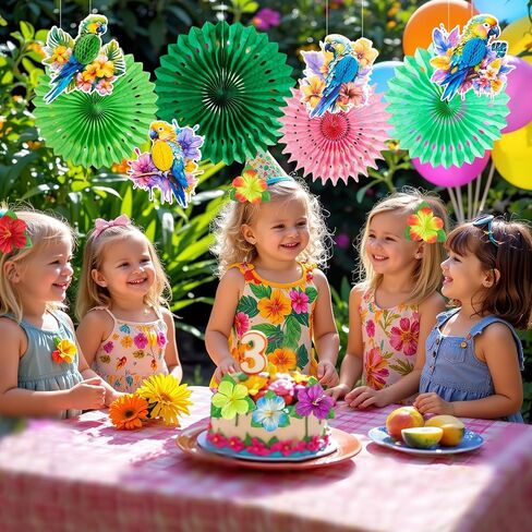 Tropical Toucan Hibiscus Party Decorations, Hawaiian Jungle Theme Party Supplies, Margaritaville Decorations Paper Fan Yellow Pink Hanging Ornaments for Luau Party Tiki Party. in Kuwait