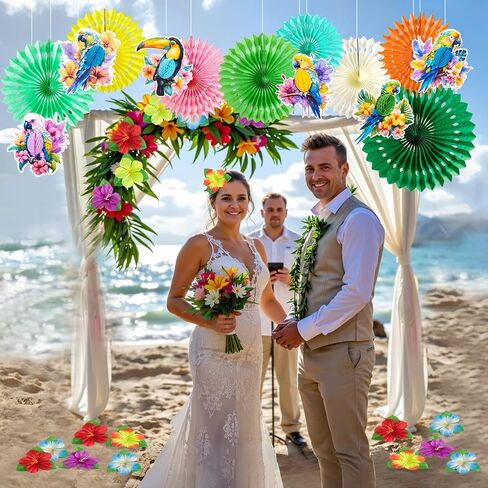 Tropical Toucan Hibiscus Party Decorations, Hawaiian Jungle Theme Party Supplies, Margaritaville Decorations Paper Fan Yellow Pink Hanging Ornaments for Luau Party Tiki Party. in Kuwait