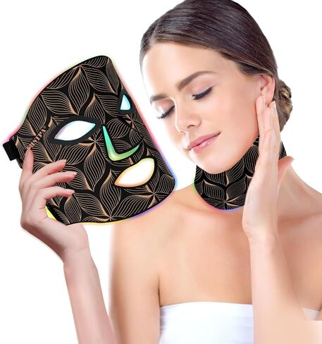 Led Face Mask Light Therapy,Red Light Therapy for Face and Neck,7 Colors LED Facial Skin Care Mask,5 Level Brightness Adjustment,309 LED Beads Can Be Used at Home,Black Gold in Saudi Arabia