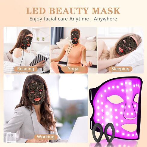 Led Face Mask Light Therapy,Red Light Therapy for Face and Neck,7 Colors LED Facial Skin Care Mask,5 Level Brightness Adjustment,309 LED Beads Can Be Used at Home,Black Gold in Saudi Arabia