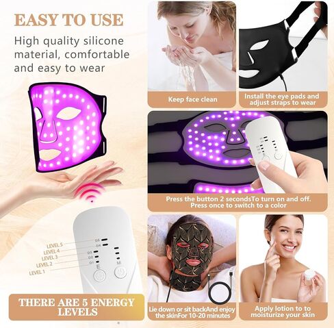 Led Face Mask Light Therapy,Red Light Therapy for Face and Neck,7 Colors LED Facial Skin Care Mask,5 Level Brightness Adjustment,309 LED Beads Can Be Used at Home,Black Gold in Saudi Arabia