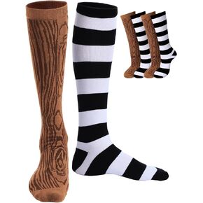 2 Pair Pirate Costume Accessories Wood Grain Pattern and Black and White Stripes Peg Leg Socks for Adults Women Men Halloween Cosplay Party