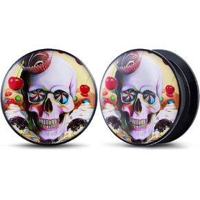 2PCS Ear Gauges Acrylic skull graphic Ear plugs Epoxy Allergy Free Plugs For Ear Solid Screw On Ear Tunnels and Plugs Stretcher For Women Men Body Piercing Jewelry