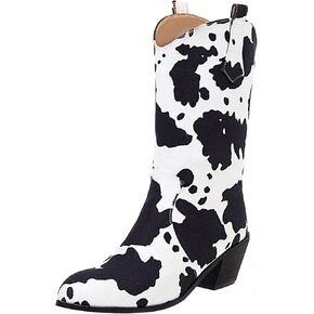 Cozivwaiy Women Mid Calf Cowboy Boots Heel Half Boot Cow Print Western Boots Plus (US 4-12.5)