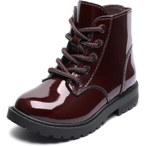 Girls Dress Boots Waterproof Combat Boots Lace Up Side Zipper Patent Ankle Booties for Toddler/Little Kid