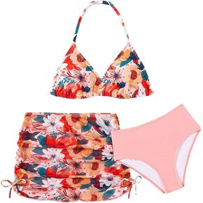 WDIRARA Girl's 3 Piece Swimsuits Floral Print Halter Triangle Bikini Bathing Suit with Ruched Cover Ups