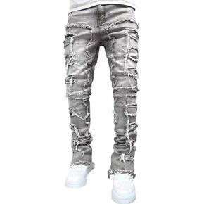 Stacked Jeans Men Skinny Ripped Jeans Slim Fit Patchwork Denim Pants Y2K Goth Harajuku Emo Hip Hop Jeans Trouser in Kuwait