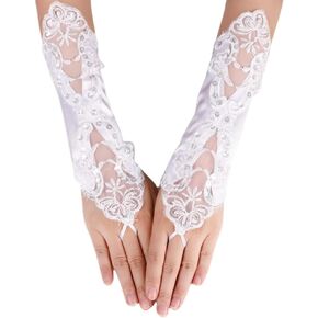 Girls Satin Lace Fingerless Gloves Long First Communion Princess Gloves Flower Girls Gloves for Wedding Costume 8-15 Y
