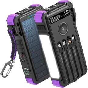 BLAVOR Solar Charger Power Bank 20000mAh Built in 4 Cables, 20W Fast Charging External Battery Pack with USB C, Camping Light, Flashlight, Carabiner for Cell Phones, Portable Charger for Apple Watch