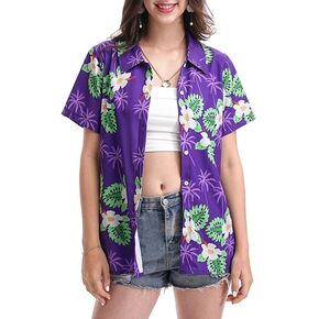 Women's Short Sleeve Hawaiian Shirt Loose Fit, Floral Print Tropical Cruise Beach Button Down Aloha Blouses