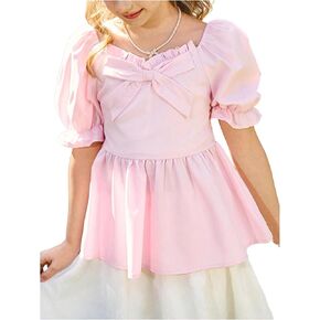 WDIRARA Girl's Cute Bow Blouses Ruffle Hem Puff Sleeve Shirt Smocked Peplum Tops