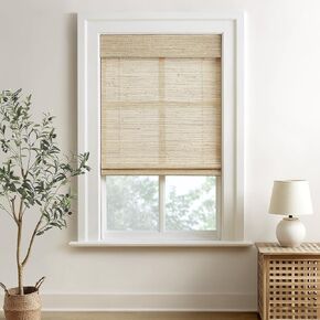 HOMEIDEAS 100% Natural Cordless Ramie Roman Shades Sun Light Filtering Window Treatment Privacy Protection Easy to Install Blinds Shades for Kitchen Indoor Windows, 1 Piece, W35 X L60, Beige