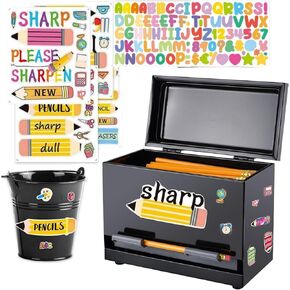 2 Pcs Stainless Steel Pencil Dispenser Pen Holder Back to School Dull Pencil Bucket with 4 sheet Stickers Metal Bucket with Handle for Bulk Pencils Storage Teachers Classroom Supplies