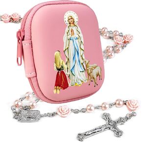 Rosary Beads Catholic for Women - Pearl Beads with Classic Cross, Virgin Mary Zippered Prayer Box, First Communion Gifts, Baptism Confirmation Jewelry