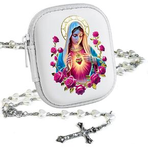 Rosary Beads Catholic for Women - Pearl Beads with Classic Cross, Virgin Mary Zippered Prayer Box, First Communion Gifts, Baptism Confirmation Jewelry in Kuwait
