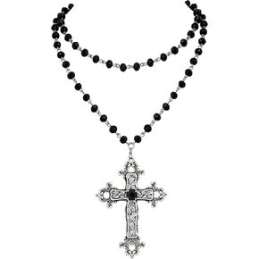 Sacina Layered Black Beaded Cross Y2k Necklace, Gothic Emo Grunge Necklace, Goth Jewelry, Halloween Christmas Jewelry Gift For Women