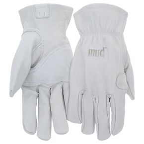 MUD Classic Men's Durable Goatskin Leather Driver with Padded Palm Patch Work Gloves, Abrasion Resistant, Keystone Thumb, Extreme Comfort, White, Medium/Large, (MD82011-ML)