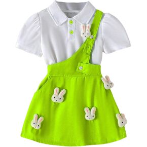 WDIRARA Toddler Girl's 2 Piece Set Cute Rabbit Short Sleeve Suspender Skirt Outfits