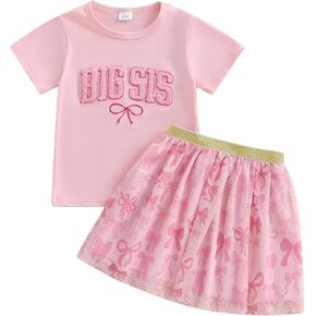 Kayotuas Toddler Girl Summer Outfits Bow Embroidery Short Sleeve T-shirt and Sparkle Tutu Skirt Cute Sister Matching Dresses