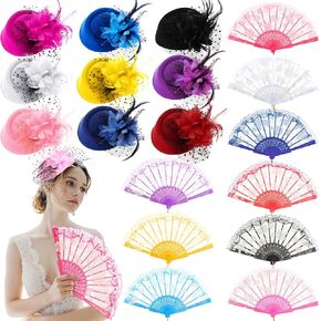 18 Pcs Tea Party Fascinator Set Tea Party Hats for Women Girls 20s 50s Hat Pillbox Hat Cocktail with Flower Mesh Ribbons Feathers Fans for Costume Supplies