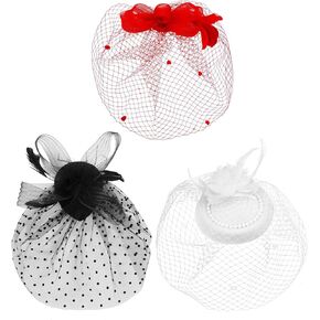 Geyoga 3 PCS Fascinators Hats Women Mesh Veil with Feather Beadband for Derby Party Funeral Tea Curch Curch headloy