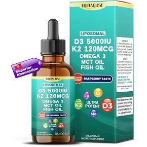 Liposomal D3 5000iu ، K2 120mcg ، Omega 2 ، MCT Oil Liquid Drops - Ultra Potent ، Traspberry Taste ، USA Made & Lab تم اختباره - 2 أوقية (60 مل)