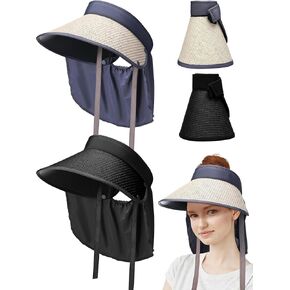 2 Pcs Women Foldable Straw Sun Visor Hats with Neck Flap Wide Brim Ponytail for Women UPF 50+ Breathable Summer UV Protection Beach Hat for Outdoor Gardening Running Fishing Travel