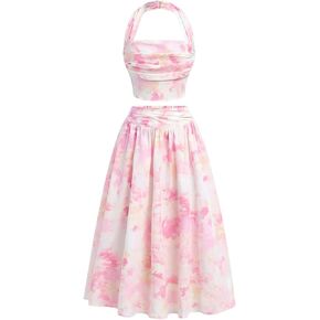 GORGLITTER Girl's 2 Piece Summer Outfits Cute Floral Skirt Set Ruched Backless Halter Top Ruffle Maxi Skirt