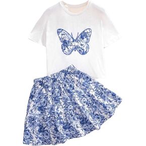 Floerns Girl's 2 Piece Outfit Butterfly Print T Shirt Floral Boho Skirts Set