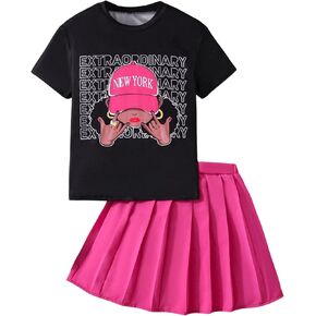 Floerns Girl's 2 Piece Outfit Graphic Short Sleeve T Shirt and Pleated Skirt Set