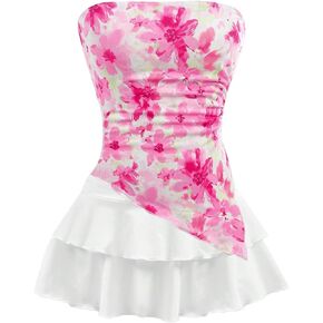مجموعة أنبوب Gorglitter's Girl Floral STRAPLING STAPS TOPS غير متناظرة وتنورات مكشوف بطبقات مجموعة 2 قطعة