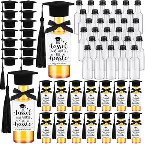 Hushee 50 Sets Mini Graduation Liquor Bottles Bulk with Mini Grad Caps مع شرابات وملصقات قوس سود