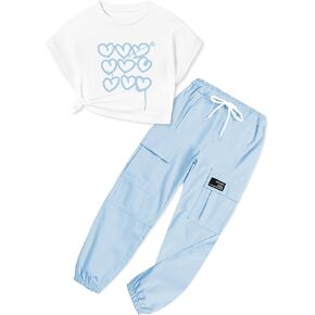 ARTMINE Girls' 2 Piece Outfits Casual Drawstring Jogger Pants and Loose Crop Top Set, 6-14 Years