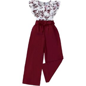 WDIRARA Girl's 2 Piece Outfits Floral Print Ruffle Cap Sleeve Blouse and Belted Pants Sets