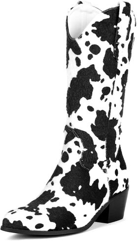 Cozivwaiy Women Mid Calf Cowboy Boots Chunky Heel Half Boot Cow Print Western Boots Plus size (US 4-12.5) in Kuwait