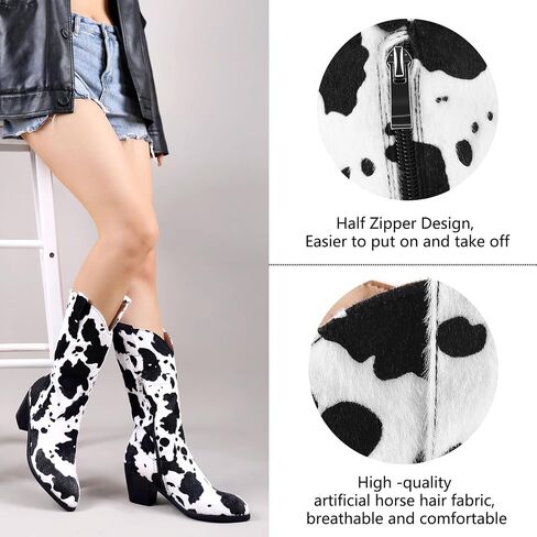 Cozivwaiy Women Mid Calf Cowboy Boots Chunky Heel Half Boot Cow Print Western Boots Plus size (US 4-12.5) in Kuwait