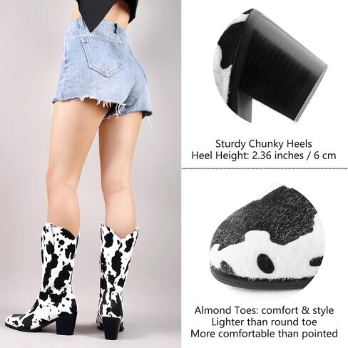 Cozivwaiy Women Mid Calf Cowboy Boots Chunky Heel Half Boot Cow Print Western Boots Plus size (US 4-12.5) in Kuwait