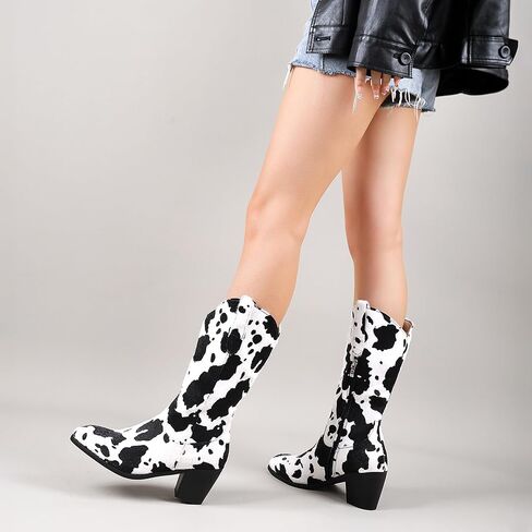 Cozivwaiy Women Mid Calf Cowboy Boots Chunky Heel Half Boot Cow Print Western Boots Plus size (US 4-12.5) in Kuwait