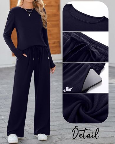 Ficerd Women's 2 Piece Casual Outfits 2024 Long Sleeve Lounge Sets Crew Neck Pullover Tops Long Pants with Pockets Tracksuit in Kuwait