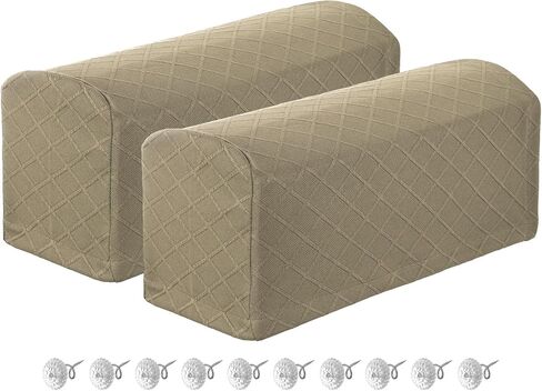 uxcell 2Pcs Stretch Armrest Covers, Polyester Diamond Pattern Soft Armchair Slipcovers Couch Recliner Arm Cover with Twist Pins for Chair Sofa Protector, Khaki in Kuwait