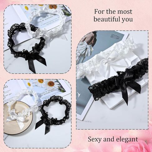 2pcs Bridal Garter, Wedding Garter, White Garter and Black Garter, Lace Garter Belt, Bowknot Elastic Thigh Garter for Party Prom,Garters for Bride in Saudi Arabia