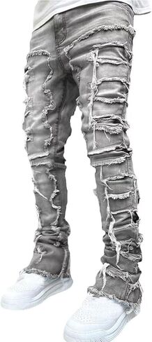 Stacked Jeans Men Skinny Ripped Jeans Slim Fit Patchwork Denim Pants Y2K Goth Harajuku Emo Hip Hop Jeans Trouser in Kuwait