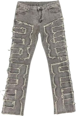 Stacked Jeans Men Skinny Ripped Jeans Slim Fit Patchwork Denim Pants Y2K Goth Harajuku Emo Hip Hop Jeans Trouser in Kuwait