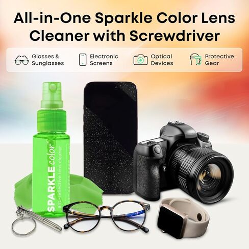 Sparkle Anti-Reflective Safe Lens Cleaner & Repair Kit – (2) 1oz Glasses Cleaner Spray, (2) Microfiber Cloth & Keychain Screwdriver for Eyeglasses, Sunglasses, Lenses & Screens (5 Piece Set) in Kuwait