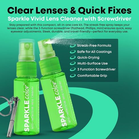 Sparkle Anti-Reflective Safe Lens Cleaner & Repair Kit – (2) 1oz Glasses Cleaner Spray, (2) Microfiber Cloth & Keychain Screwdriver for Eyeglasses, Sunglasses, Lenses & Screens (5 Piece Set) in Kuwait