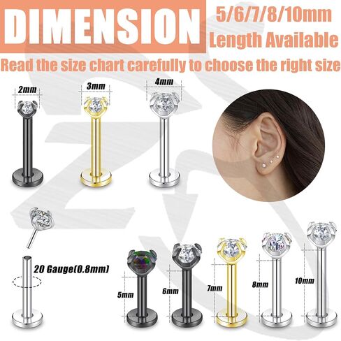 ZS 6pcs 20g/18g/16g push-in-in flat-in-back flat-stud rings حلقة الشفاه ، 2/3/4mm cz المجوهر in Saudi Arabia