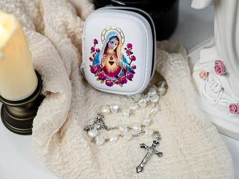 خرز المسبحة الكاثوليكية للنساء - حبات اللؤلؤ مع الصليب الكلاسيكي ، صندوق صلاة مريم العذراء ، هدايا الشركة الأولى ، مجوهرات تأكيد المعمودية in Kuwait