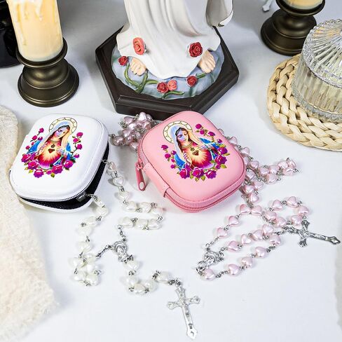 خرز المسبحة الكاثوليكية للنساء - حبات اللؤلؤ مع الصليب الكلاسيكي ، صندوق صلاة مريم العذراء ، هدايا الشركة الأولى ، مجوهرات تأكيد المعمودية in Kuwait