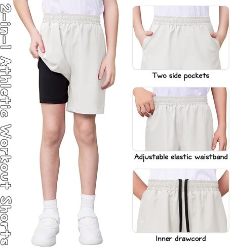 QBK Boys Shorts Girls with Compression Liner 2-in-1 Shorts Ports Moisture Wicking لتشغيل أطفال الأطفال الصغار in Saudi Arabia