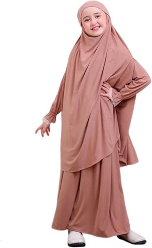 Kids Girls Muslim Islamic Two-piece Outfits Lace Long Sleeve Hijab Dress Abaya and Loose Skirt Full Cover Kaftan in Saudi Arabia